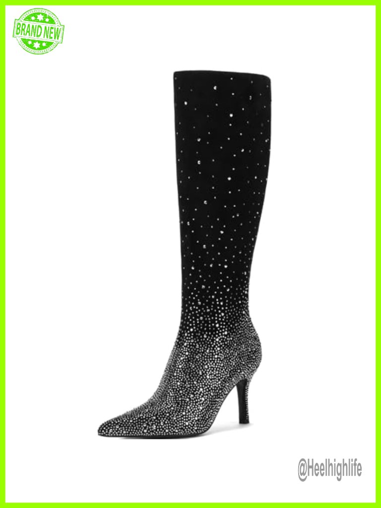 Women's Rhinestone Embellished Pointed Toe Stiletto Knee High Boots